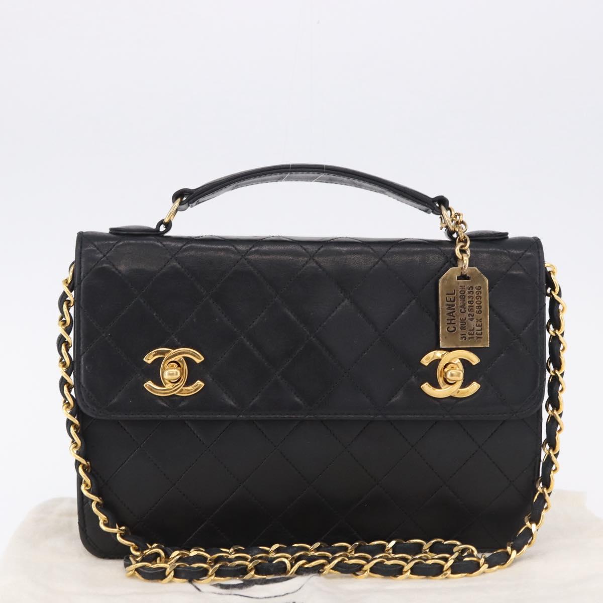 CHANEL Matelasse Chain Shoulder Bag Lamb Skin 2way Black Gold CC Auth 194687SAM