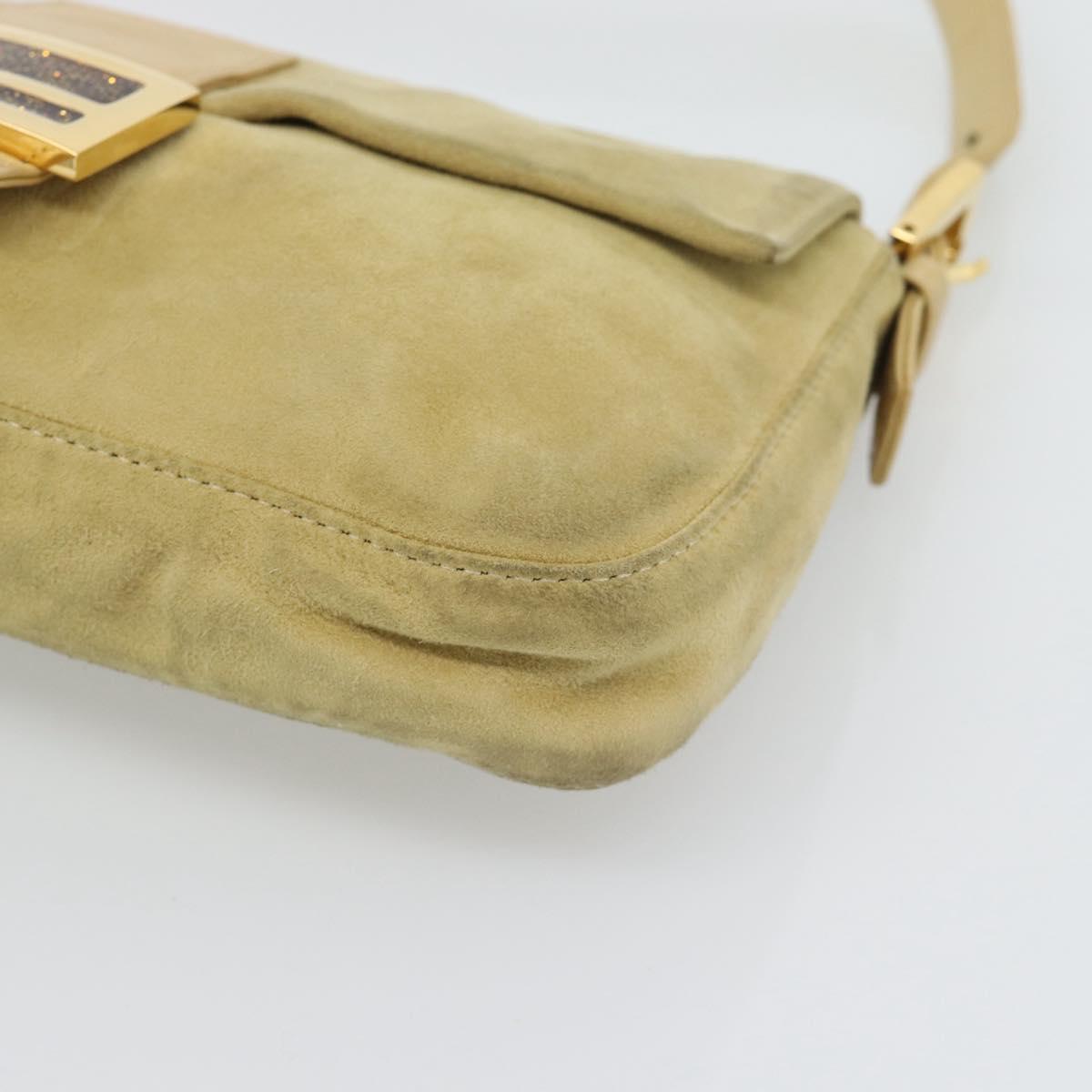FENDI Mamma Baguette Shoulder Bag Suede Beige Gold Auth 194704V