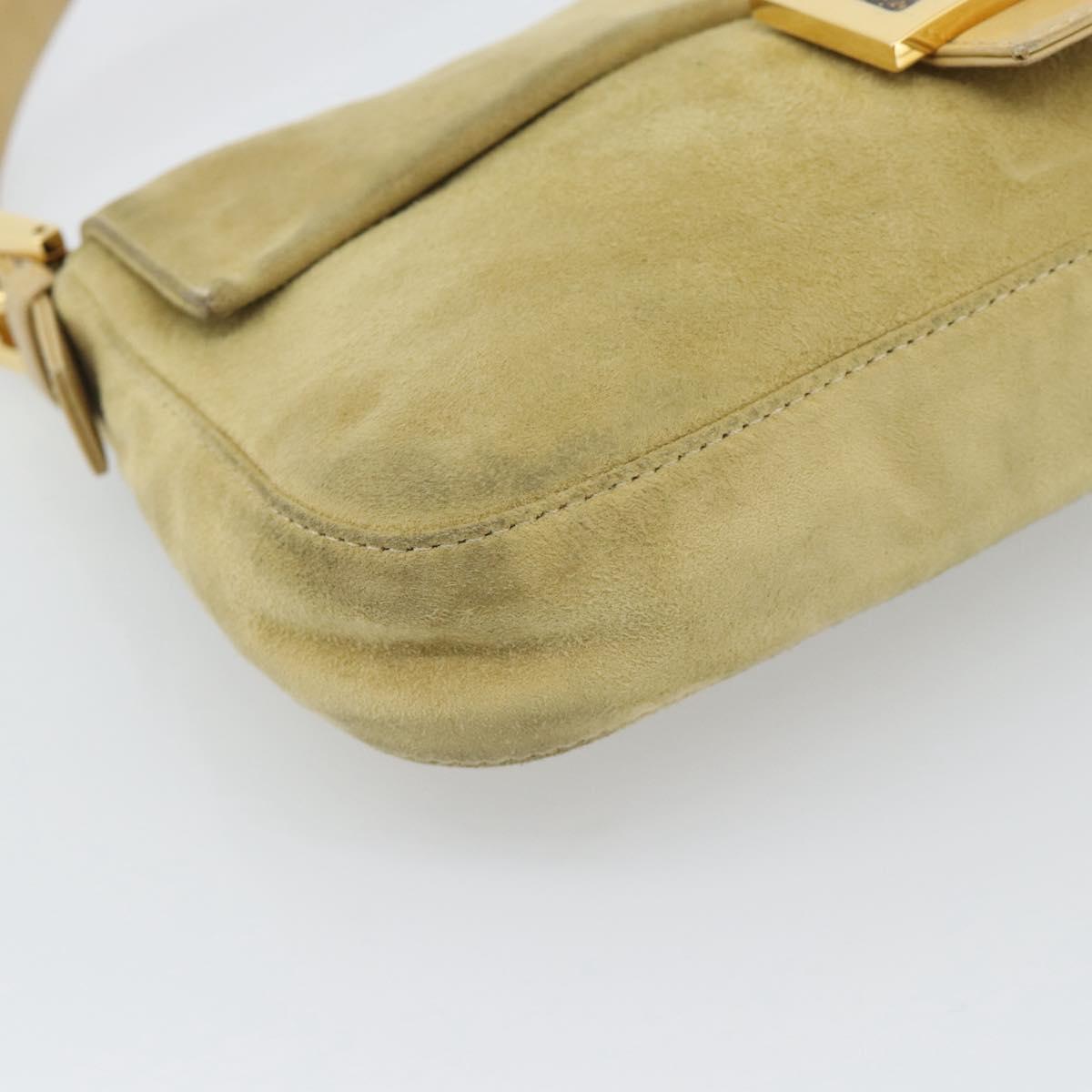 FENDI Mamma Baguette Shoulder Bag Suede Beige Gold Auth 194704V
