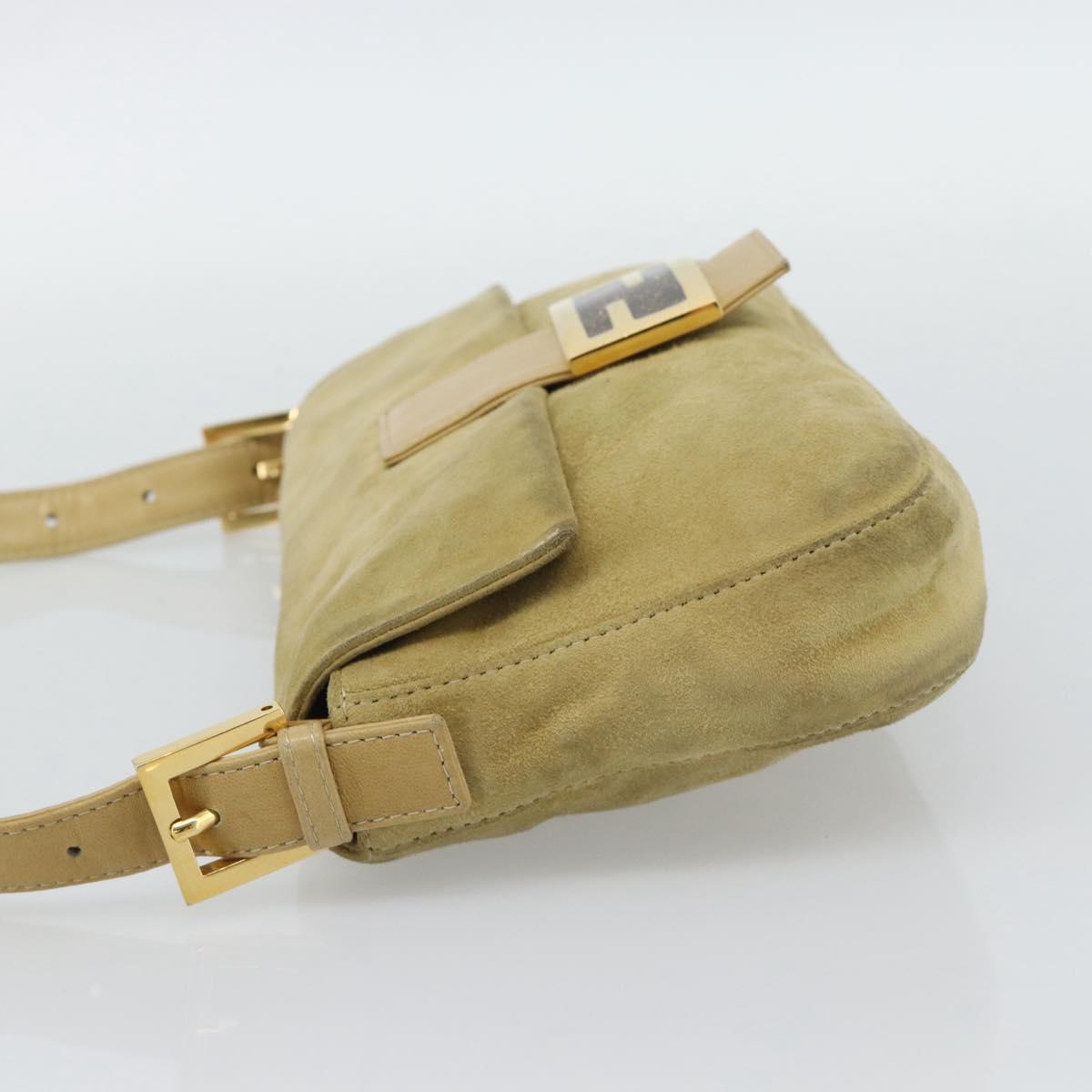 FENDI Mamma Baguette Shoulder Bag Suede Beige Gold Auth 194704V