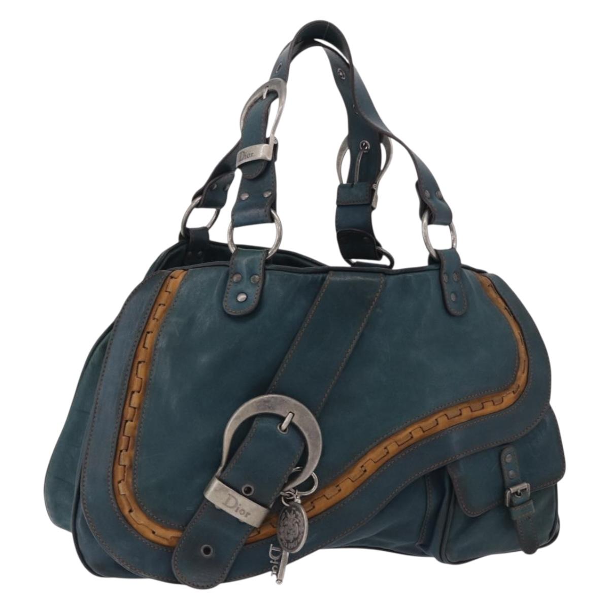 Christian Dior Gaucho Tote Bag Leather Green Silver Auth 194708V
