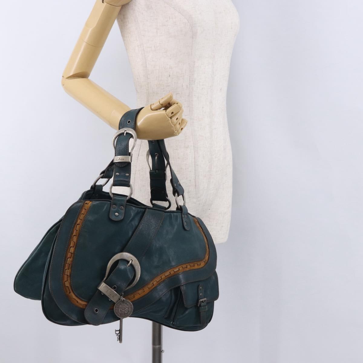Christian Dior Gaucho Tote Bag Leather Green Silver Auth 194708V