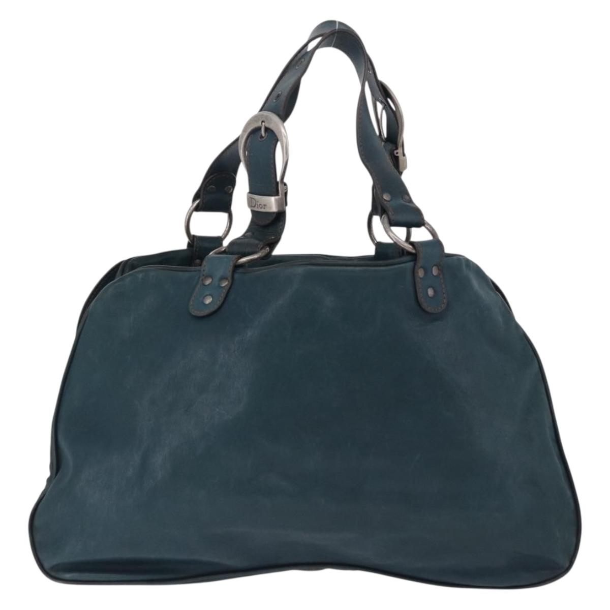 Christian Dior Gaucho Tote Bag Leather Green Silver Auth 194708V
