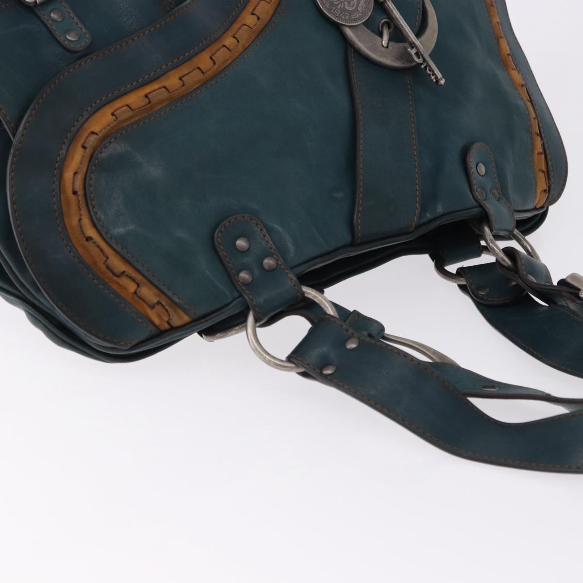 Christian Dior Gaucho Tote Bag Leather Green Silver Auth 194708V