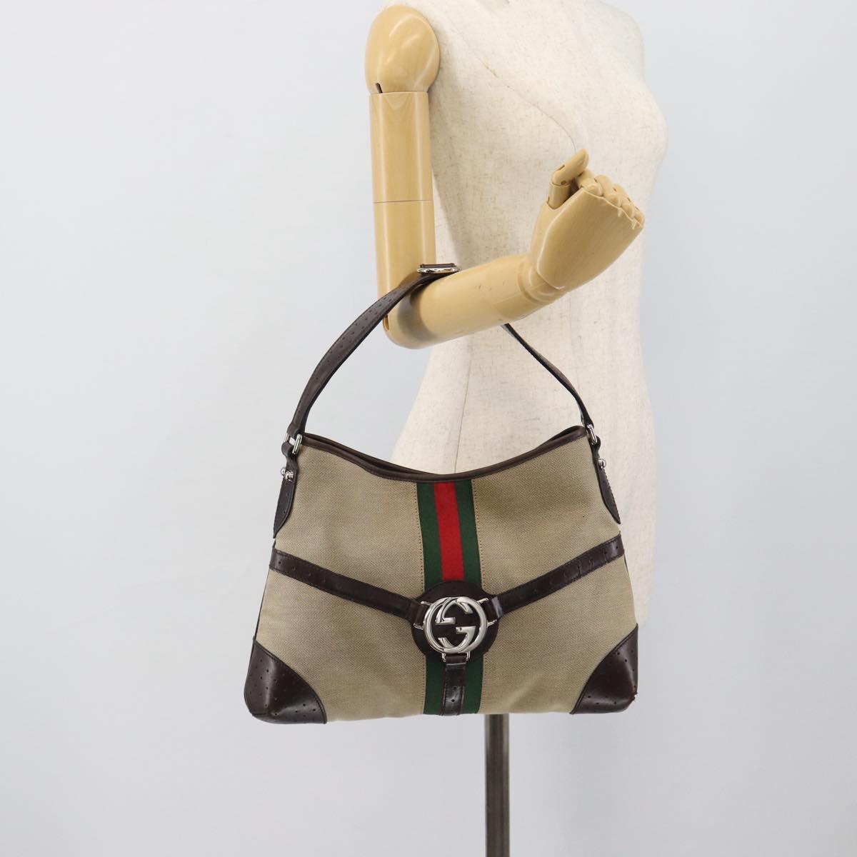 GUCCI Web Sherry Line Shoulder Bag Canvas Beige Silver 114879 Auth 194715A