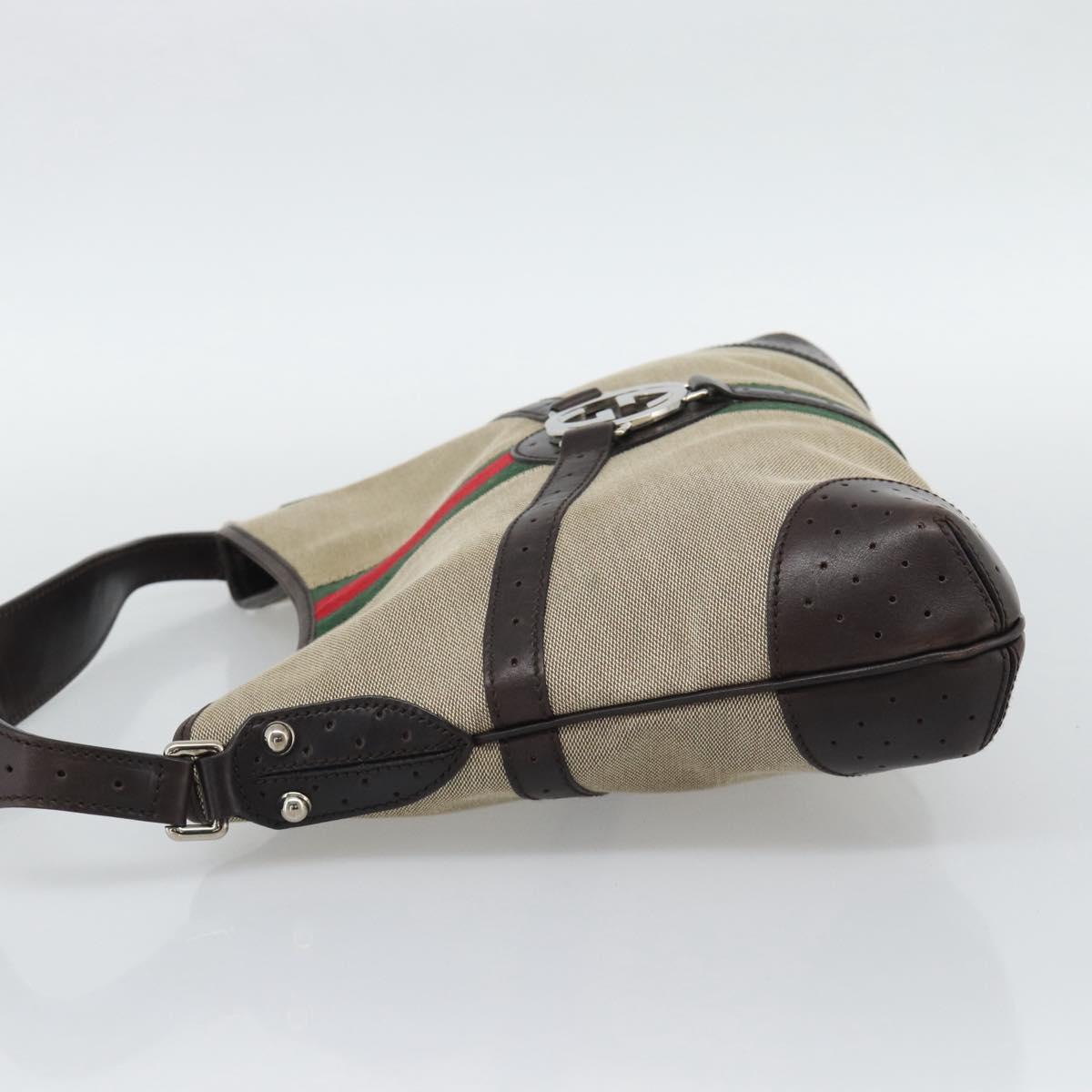GUCCI Web Sherry Line Shoulder Bag Canvas Beige Silver 114879 Auth 194715A