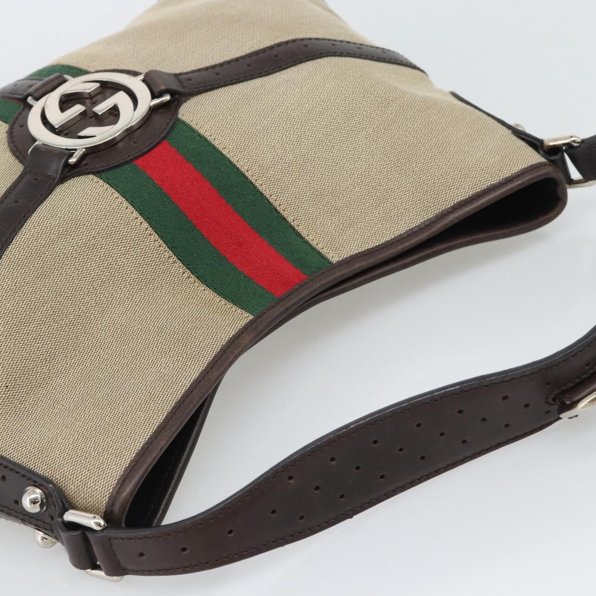 GUCCI Web Sherry Line Shoulder Bag Canvas Beige Silver 114879 Auth 194715A