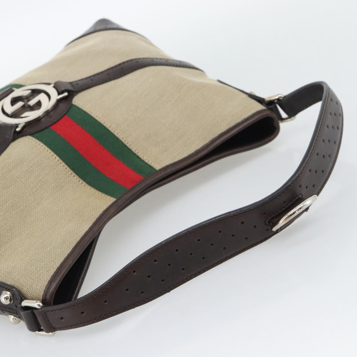 GUCCI Web Sherry Line Shoulder Bag Canvas Beige Silver 114879 Auth 194715A