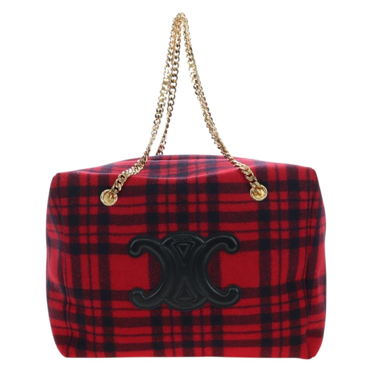CELINE Triomphe Chain Large Pliage Patapan Bag Wool Red Gold Auth 194727SAM