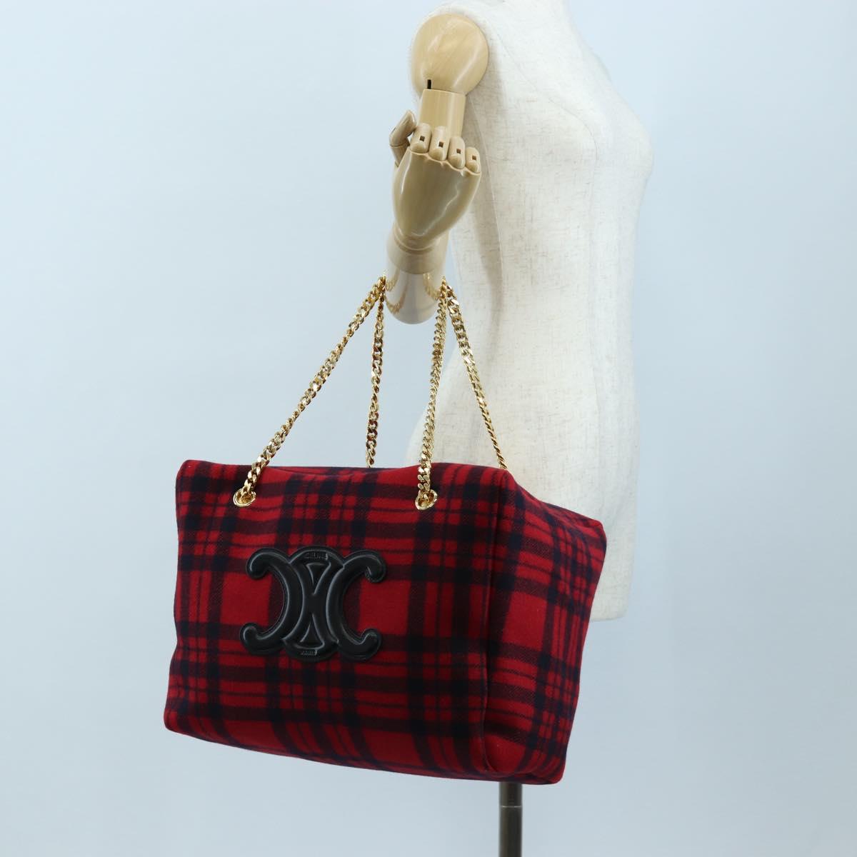 CELINE Triomphe Chain Large Pliage Patapan Bag Wool Red Gold Auth 194727SAM