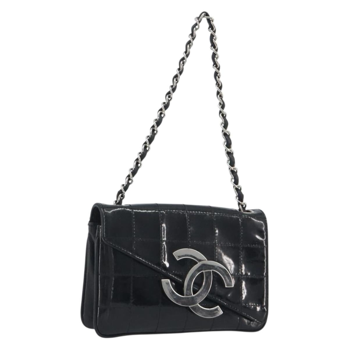 CHANEL Choco Bar Chain Shoulder Bag Patent Leather Black Silver CC Auth 194728A