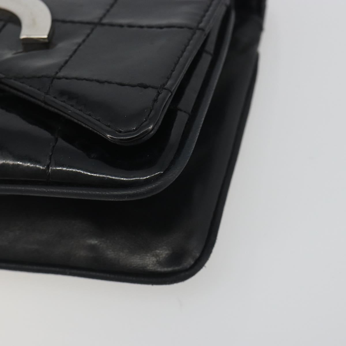CHANEL Choco Bar Chain Shoulder Bag Patent Leather Black Silver CC Auth 194728A