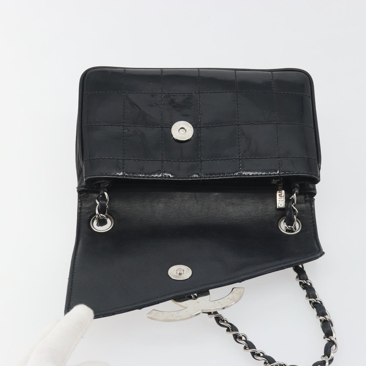 CHANEL Choco Bar Chain Shoulder Bag Patent Leather Black Silver CC Auth 194728A