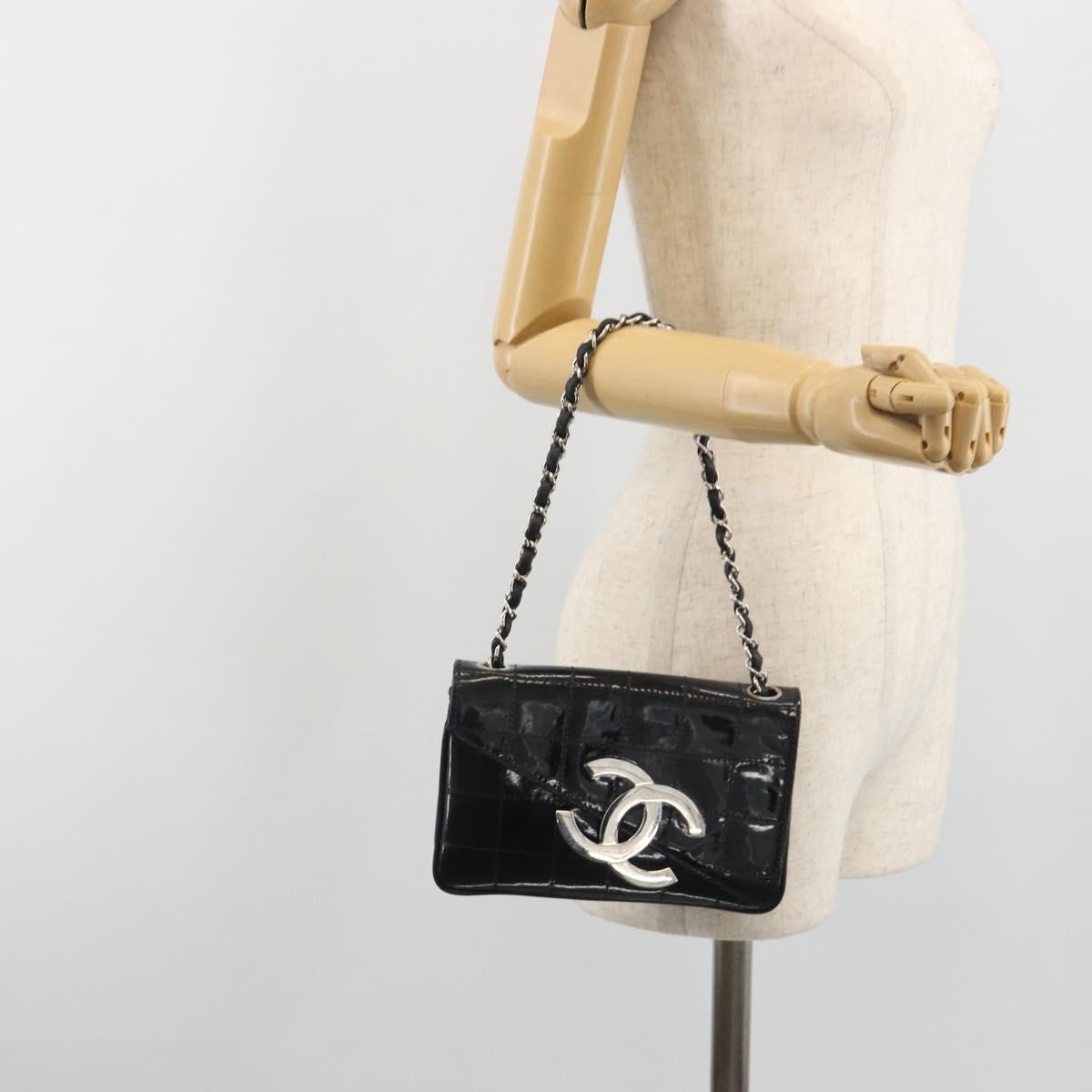 CHANEL Choco Bar Chain Shoulder Bag Patent Leather Black Silver CC Auth 194728A