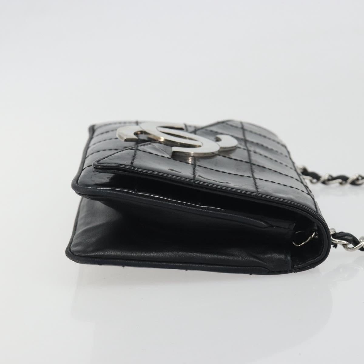CHANEL Choco Bar Chain Shoulder Bag Patent Leather Black Silver CC Auth 194728A