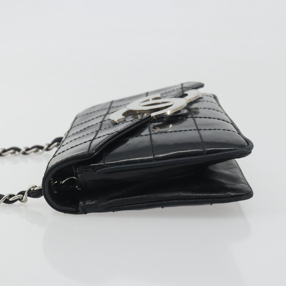 CHANEL Choco Bar Chain Shoulder Bag Patent Leather Black Silver CC Auth 194728A