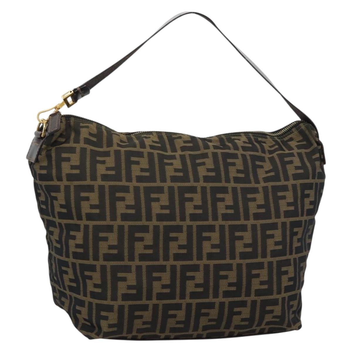 FENDI Zucca Canvas Shoulder Bag Black Brown Auth 194729