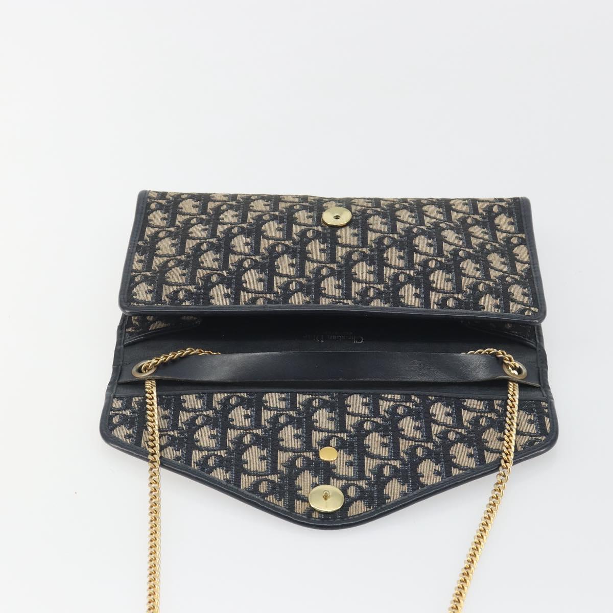 Christian Dior Trotter Canvas Chain Shoulder Bag Navy Gold Auth 194730