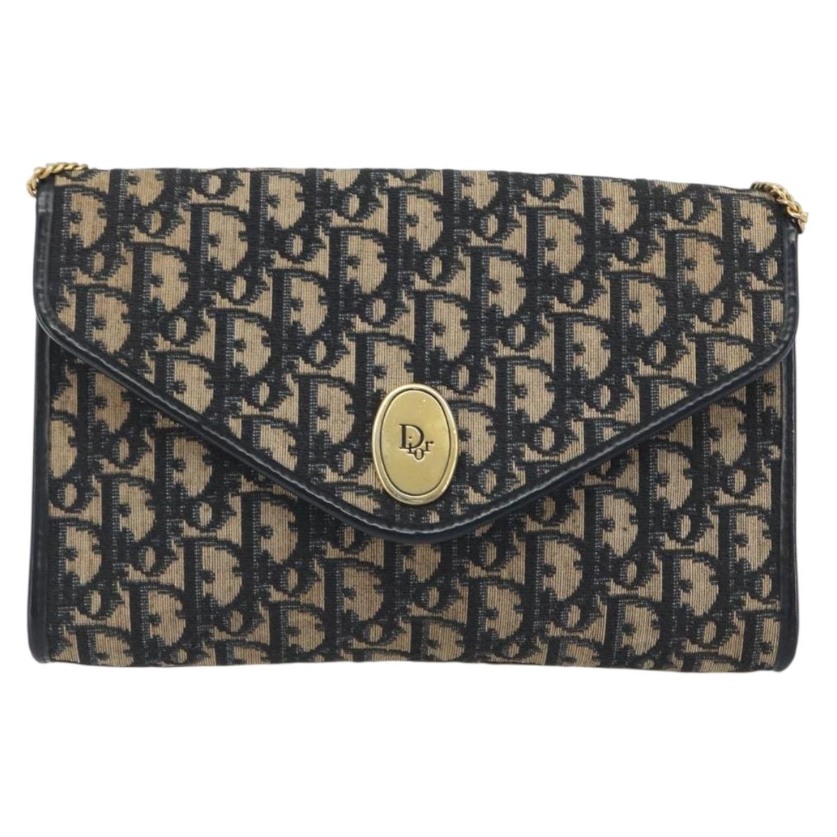 Christian Dior Trotter Canvas Chain Shoulder Bag Navy Gold Auth 194730
