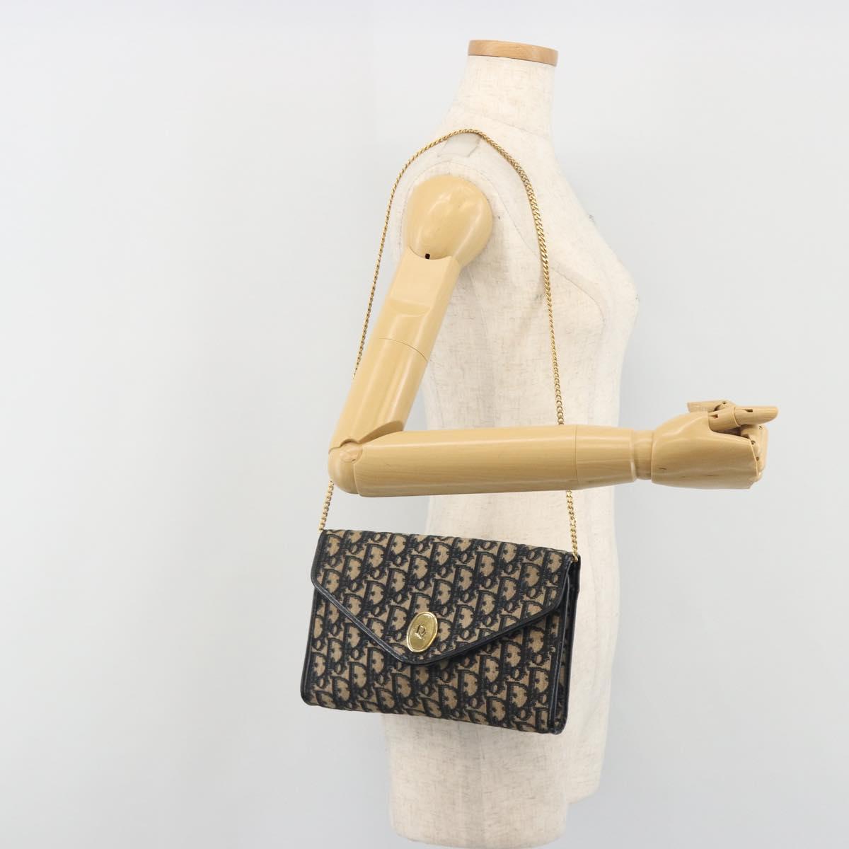 Christian Dior Trotter Canvas Chain Shoulder Bag Navy Gold Auth 194730