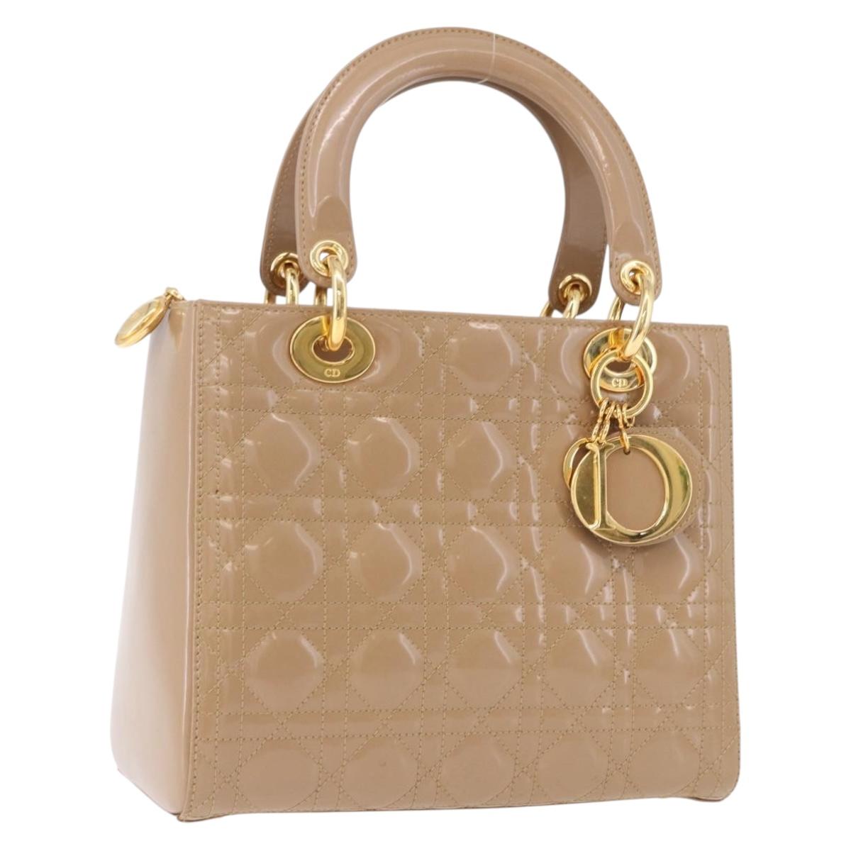 Christian Dior Lady Dior Canage Hand Bag Patent leather Beige Gold Auth 194732V
