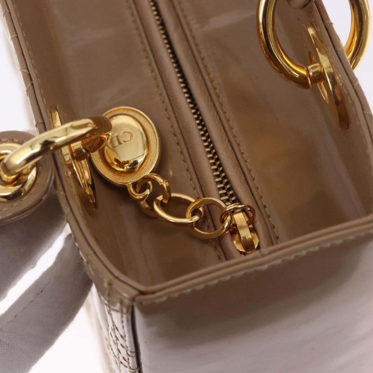 Christian Dior Lady Dior Canage Hand Bag Patent leather Beige Gold Auth 194732V