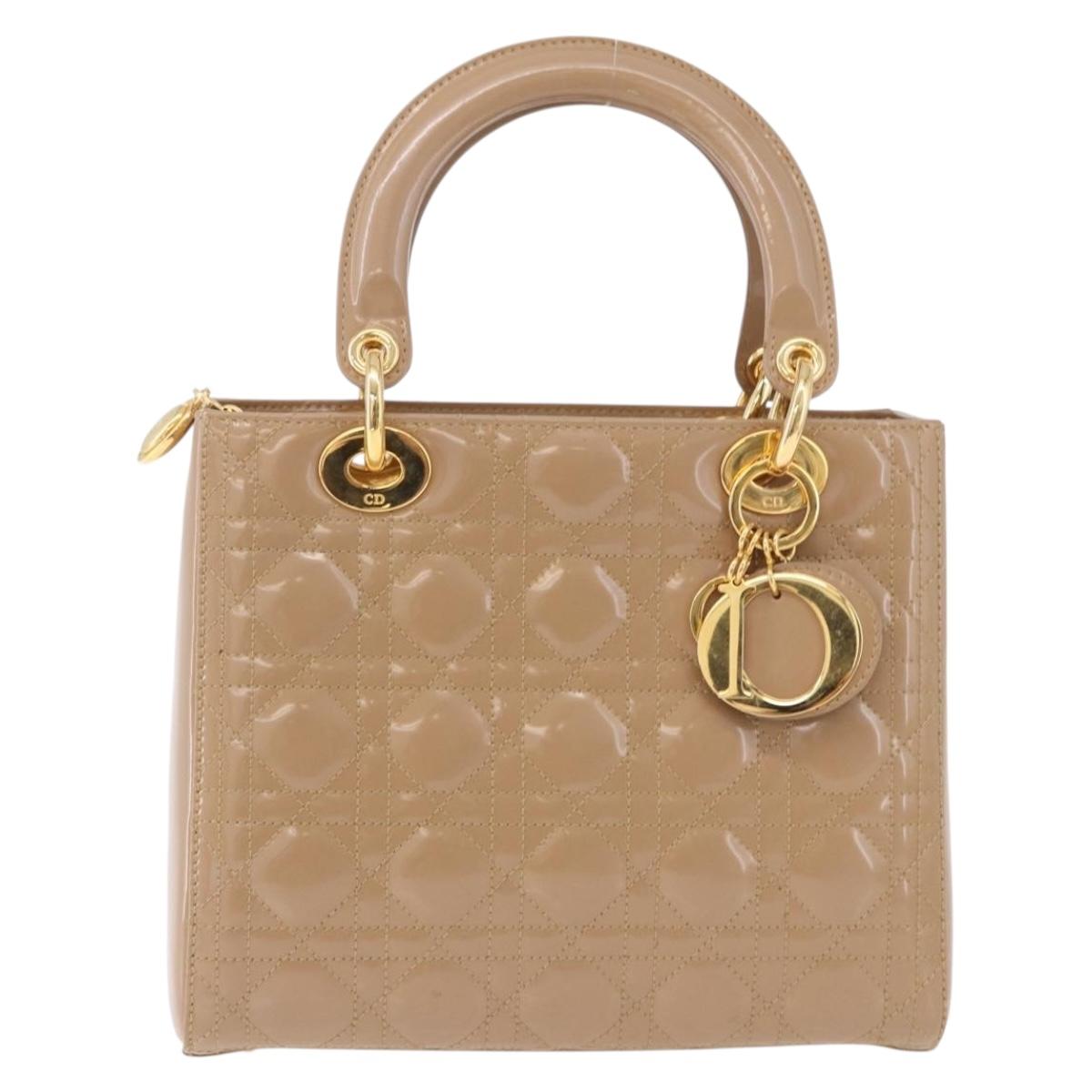Christian Dior Lady Dior Canage Hand Bag Patent leather Beige Gold Auth 194732V