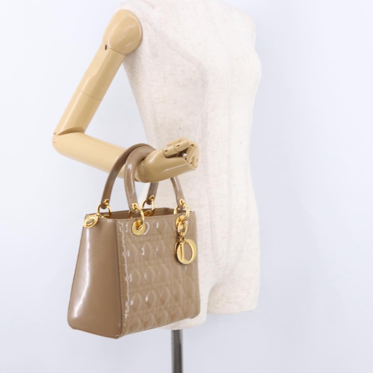 Christian Dior Lady Dior Canage Hand Bag Patent leather Beige Gold Auth 194732V