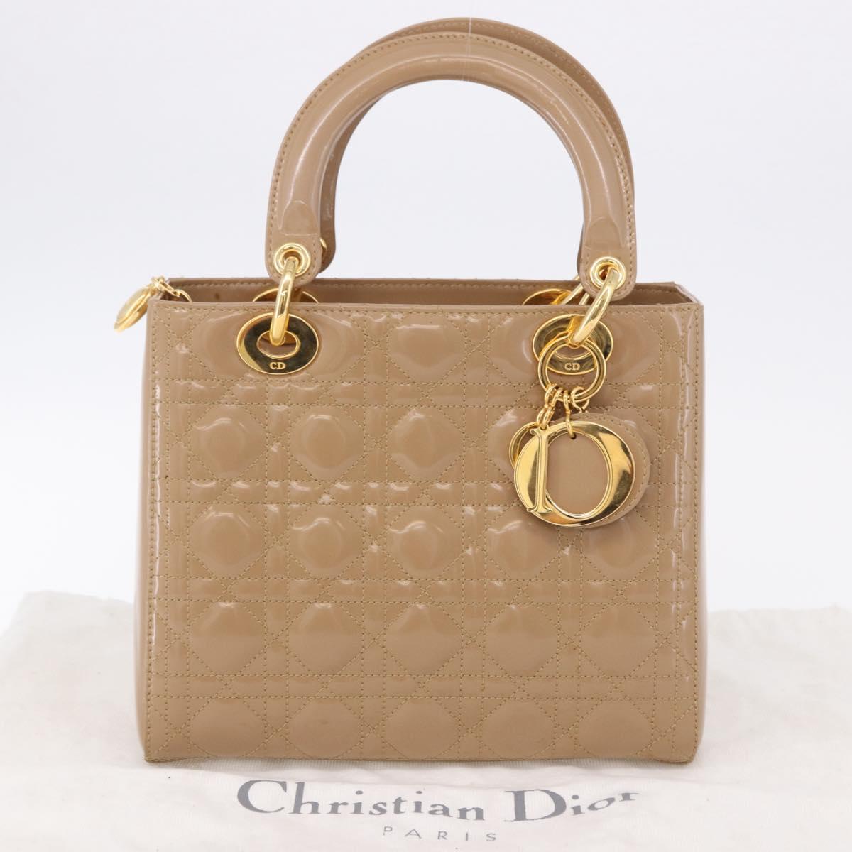 Christian Dior Lady Dior Canage Hand Bag Patent leather Beige Gold Auth 194732V