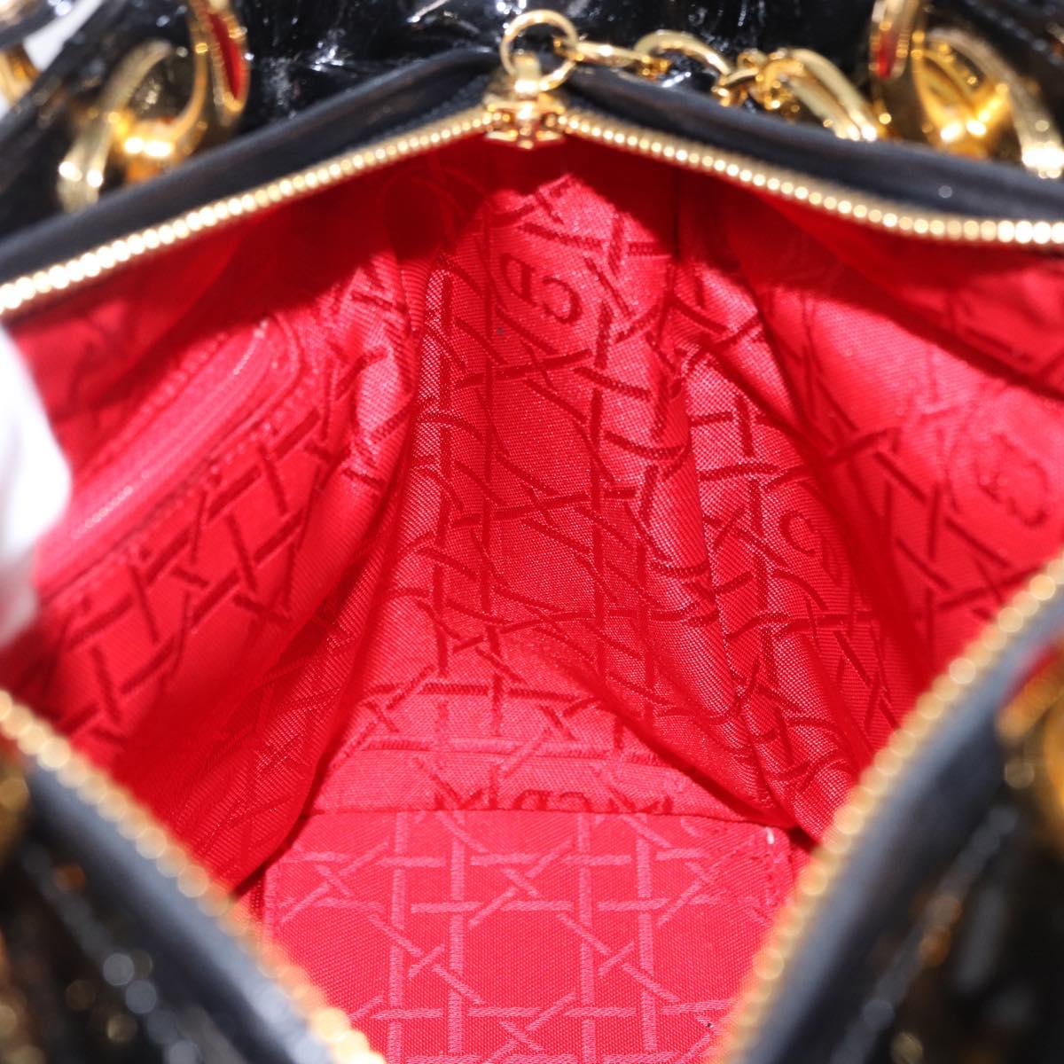 Christian Dior Lady Dior Canage Hand Bag Patent leather Black Gold Auth 194734V