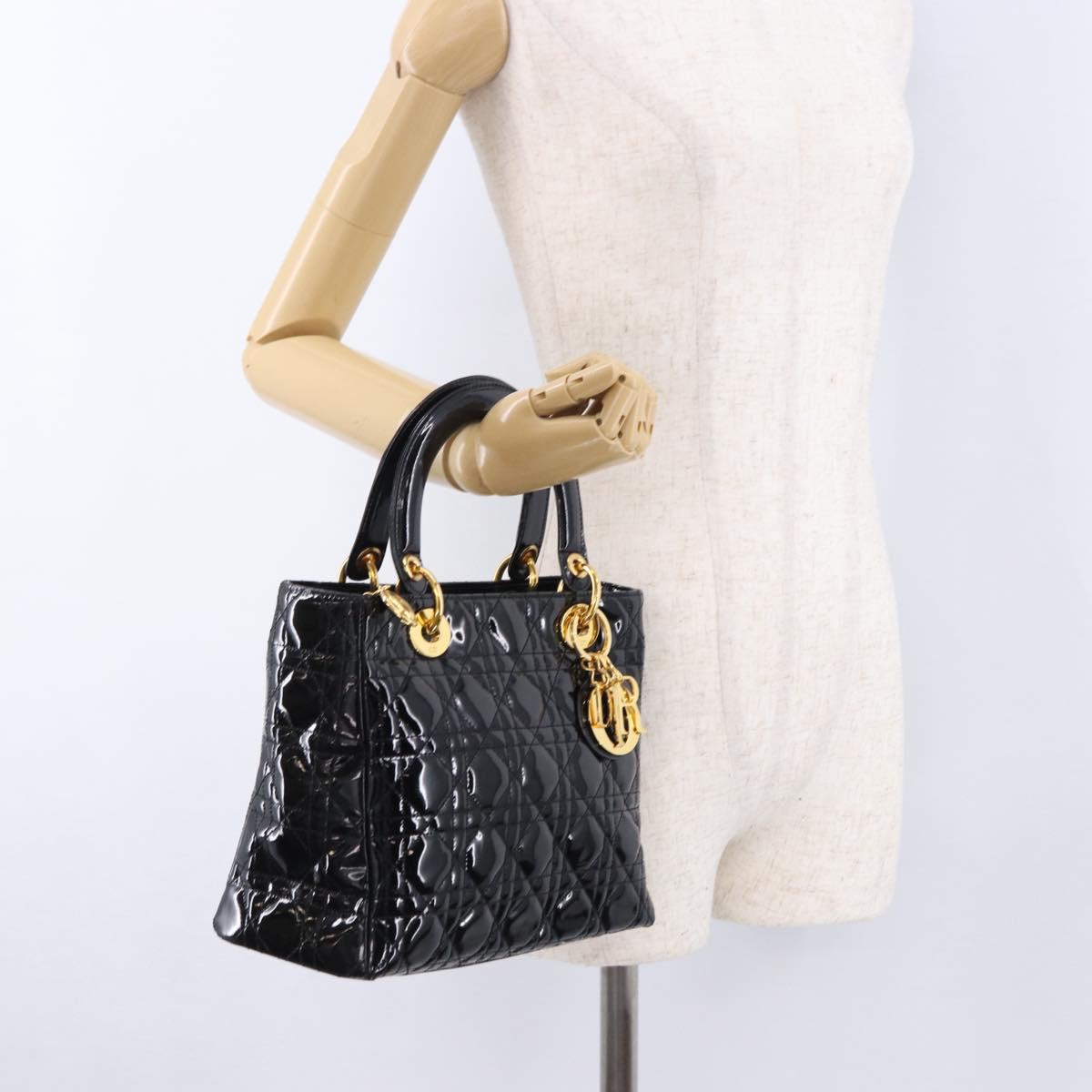 Christian Dior Lady Dior Canage Hand Bag Patent leather Black Gold Auth 194734V