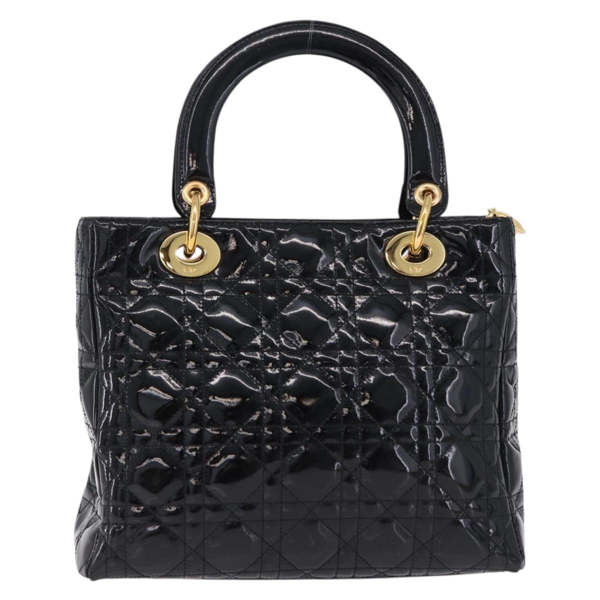 Christian Dior Lady Dior Canage Hand Bag Patent leather Black Gold Auth 194734V