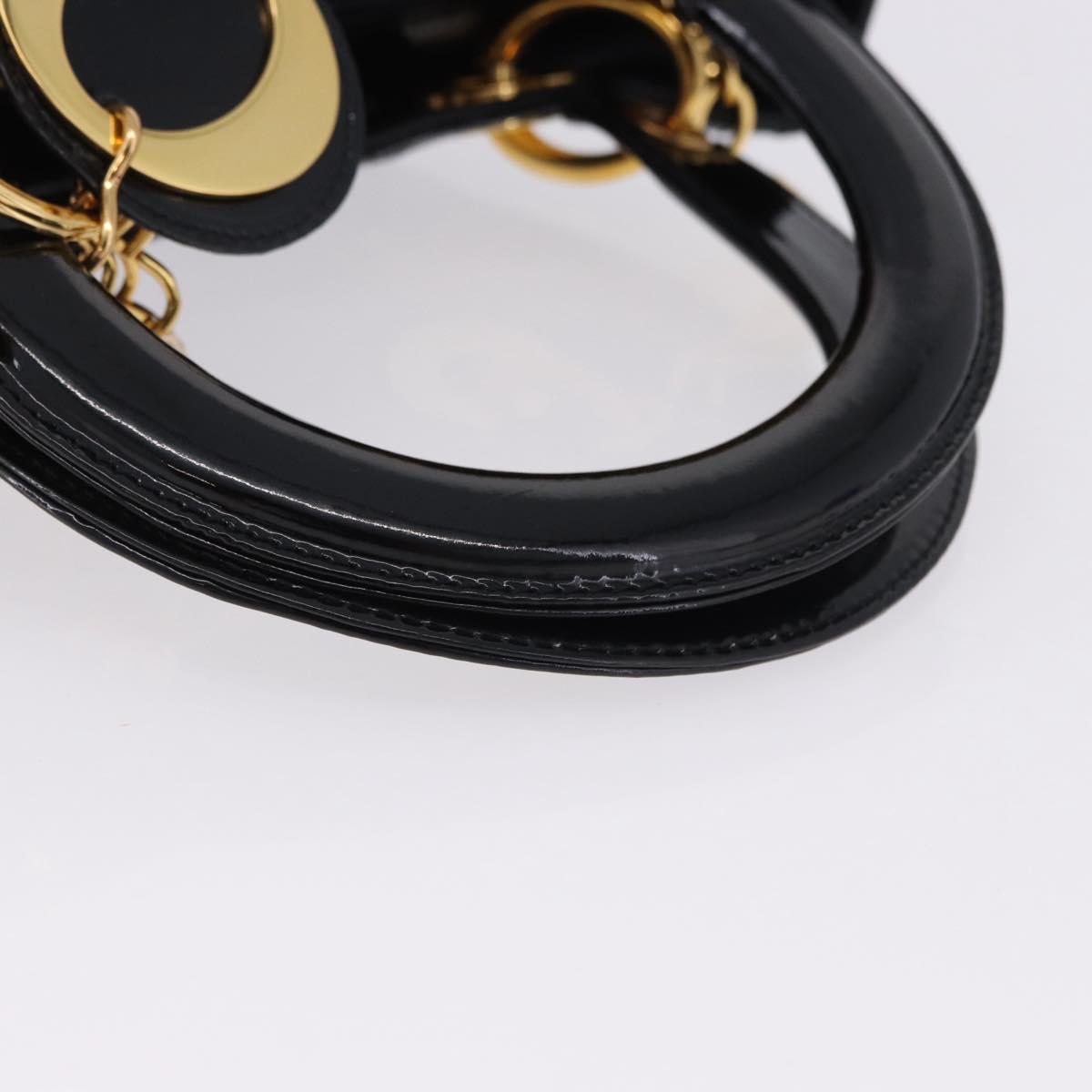 Christian Dior Lady Dior Canage Hand Bag Patent leather Black Gold Auth 194734V