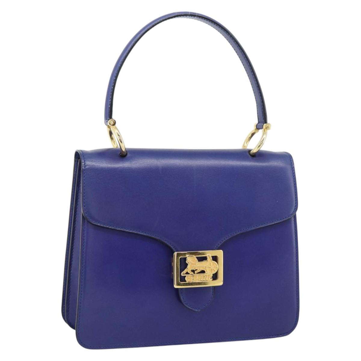 CELINE Horse Carriage Hand Bag Leather Blue Gold Auth 194737