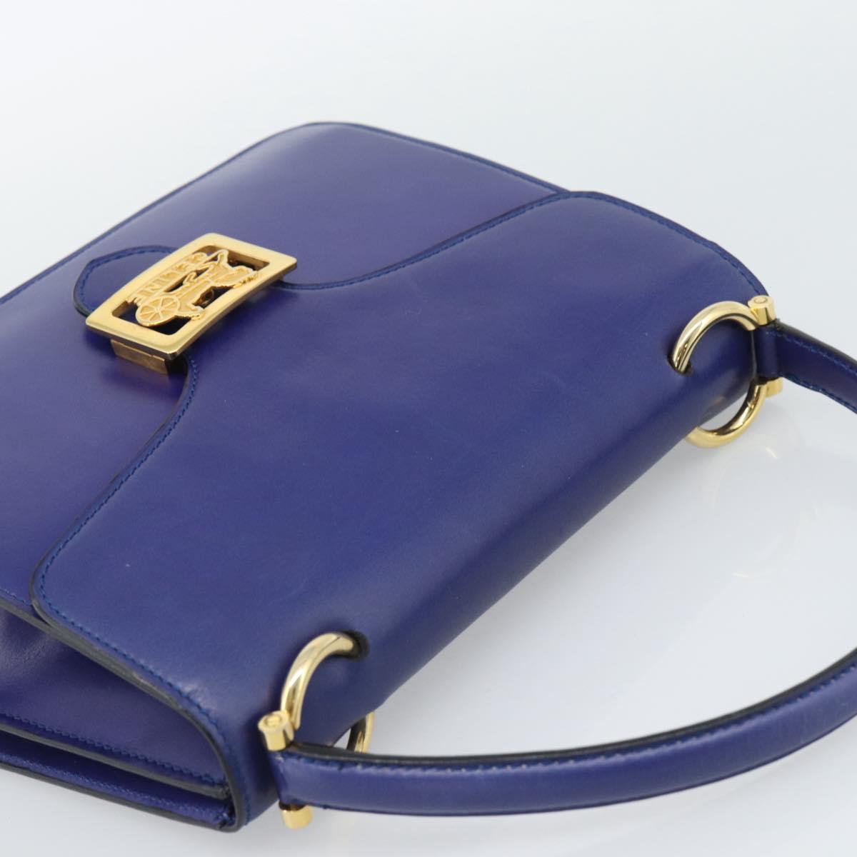 CELINE Horse Carriage Hand Bag Leather Blue Gold Auth 194737