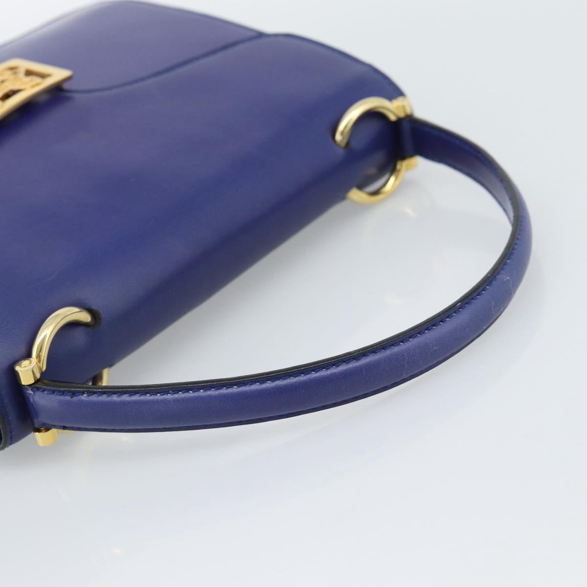 CELINE Horse Carriage Hand Bag Leather Blue Gold Auth 194737