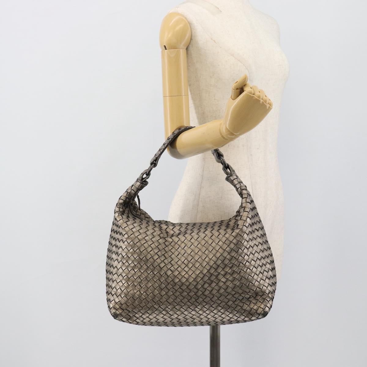 BOTTEGA VENETA INTRECCIATO Shoulder Bag Leather Silver Auth 194742V
