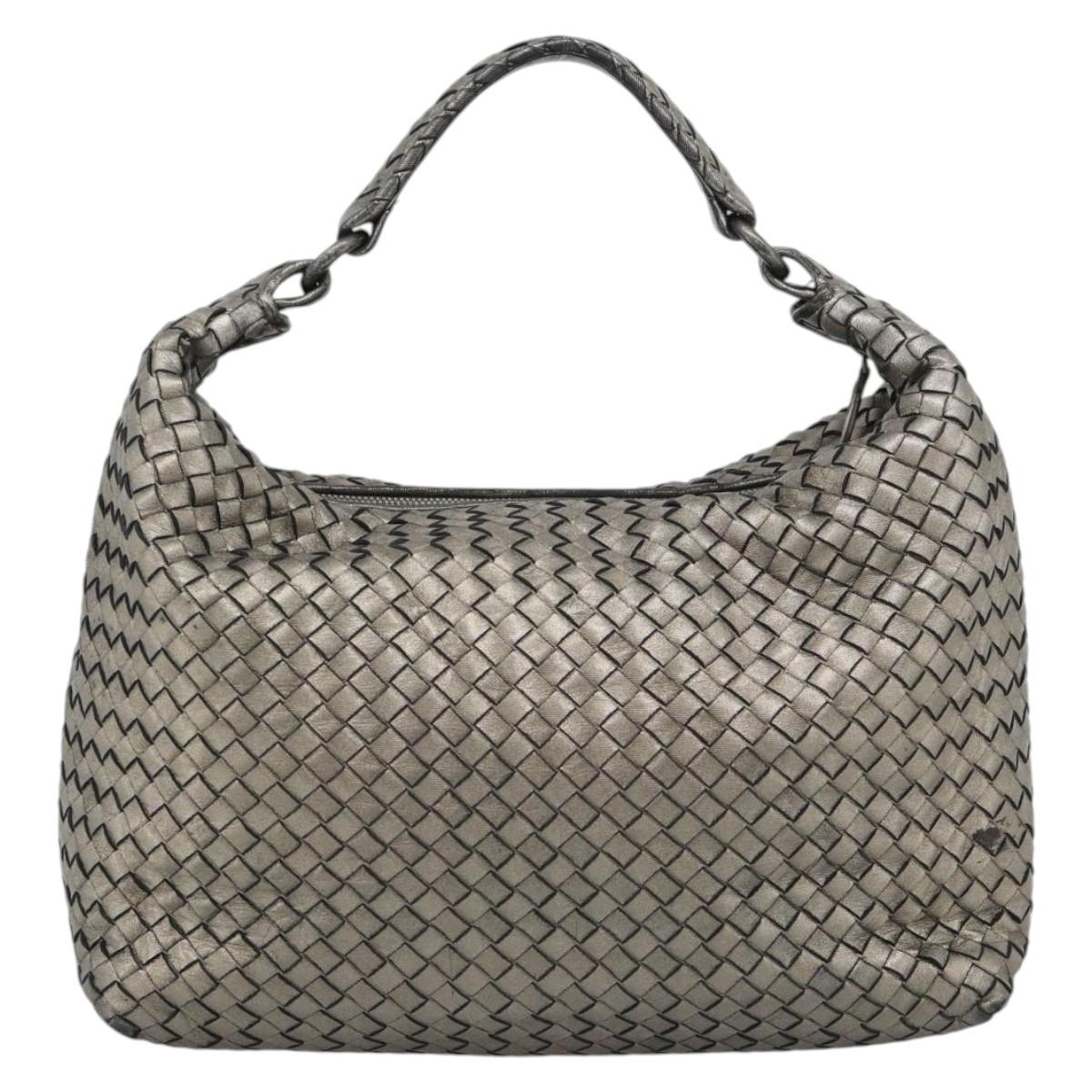 BOTTEGA VENETA INTRECCIATO Shoulder Bag Leather Silver Auth 194742V