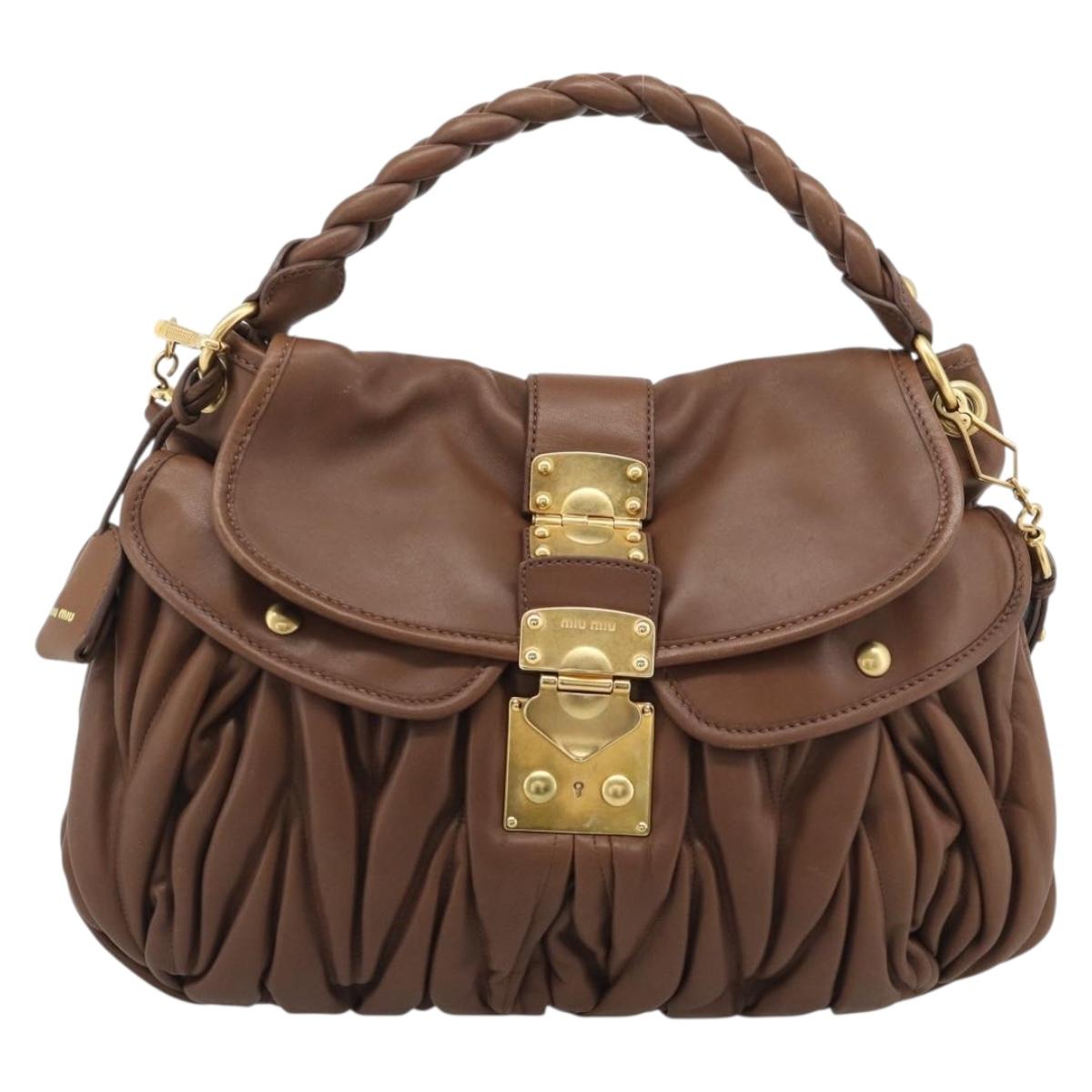 Miu Miu Matelasse Chain Shoulder Bag Leather 2way Brown Gold Auth 194745V