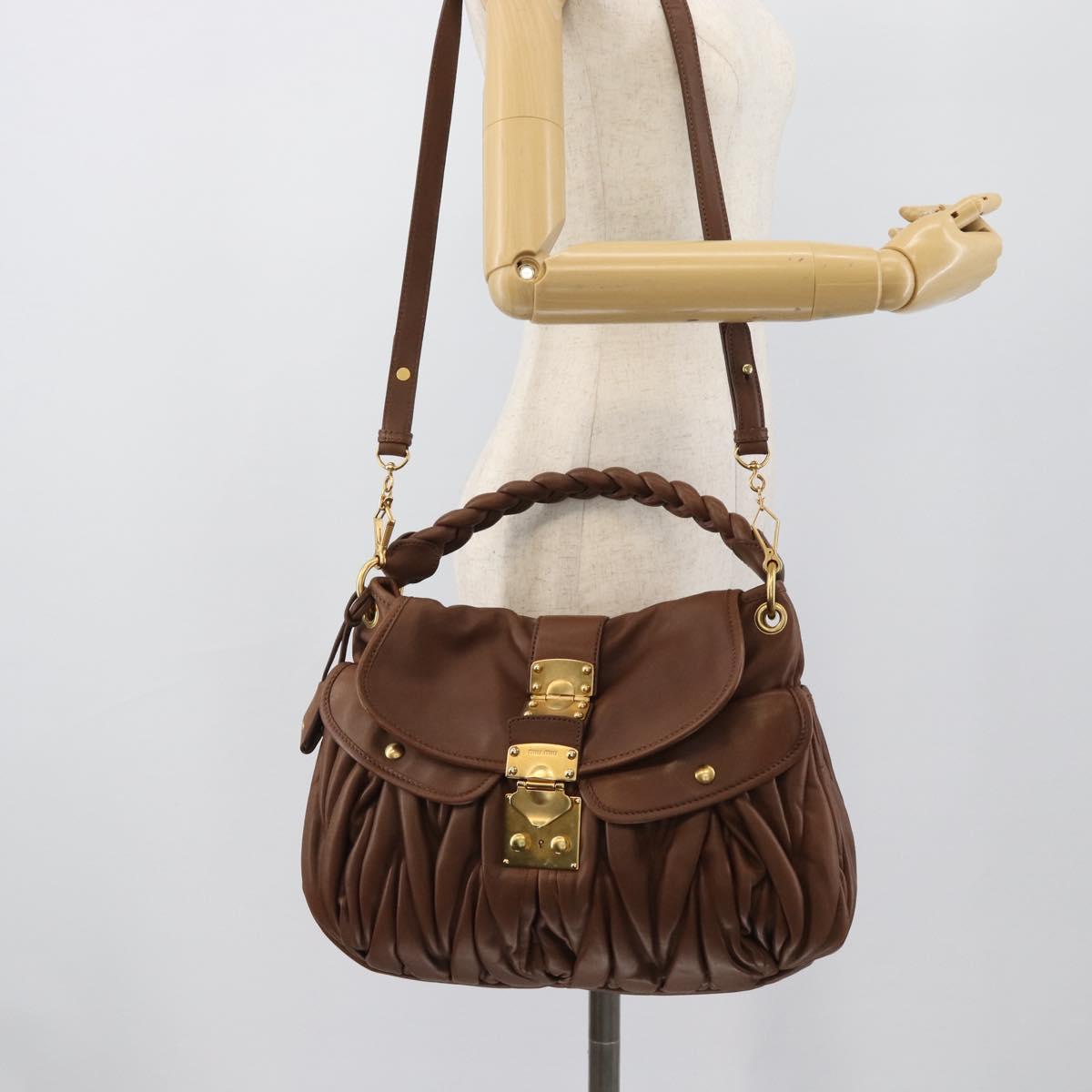 Miu Miu Matelasse Chain Shoulder Bag Leather 2way Brown Gold Auth 194745V