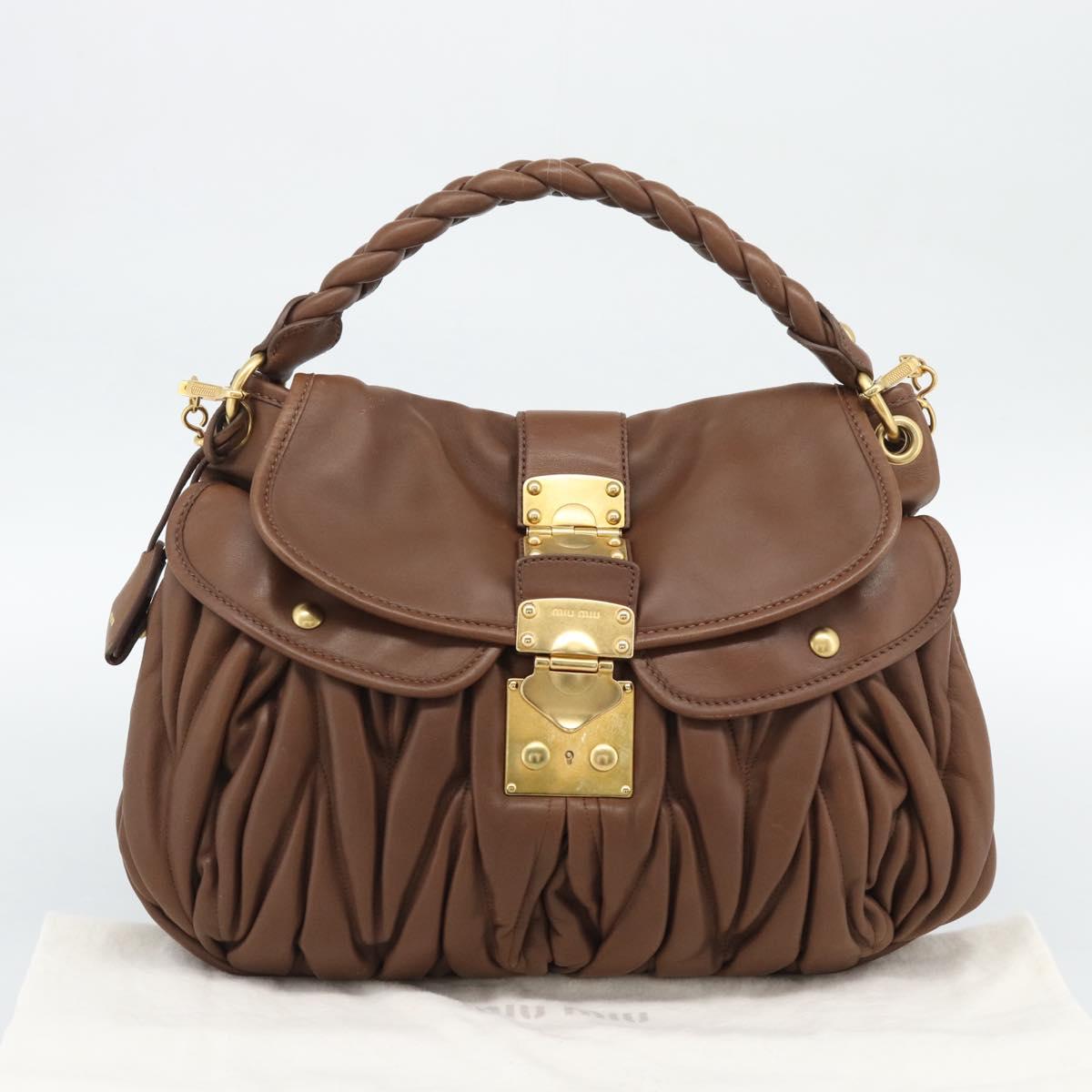 Miu Miu Matelasse Chain Shoulder Bag Leather 2way Brown Gold Auth 194745V