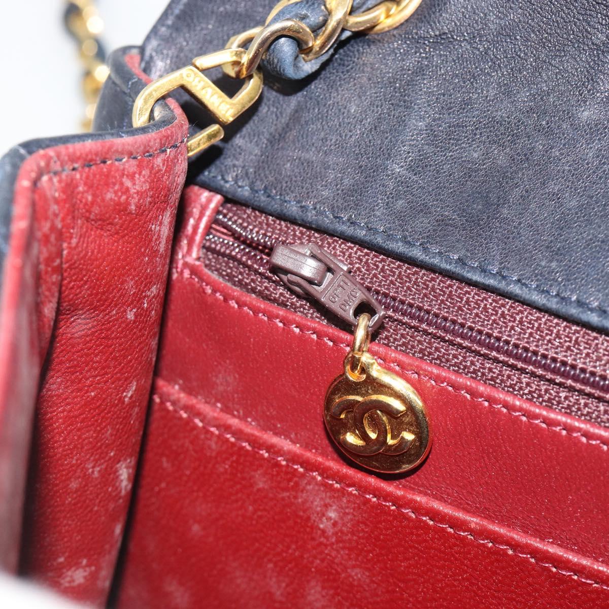 CHANEL Matelasse Chain Shoulder Bag Lamb Skin Navy Gold CC Auth 194761