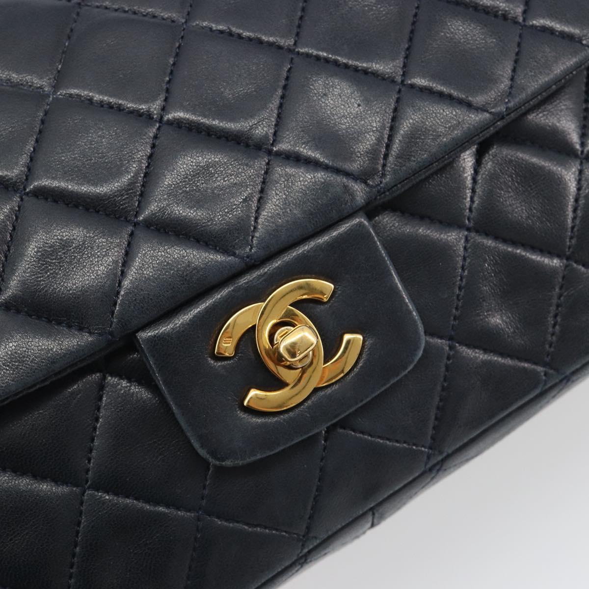CHANEL Matelasse Chain Shoulder Bag Lamb Skin Navy Gold CC Auth 194776A