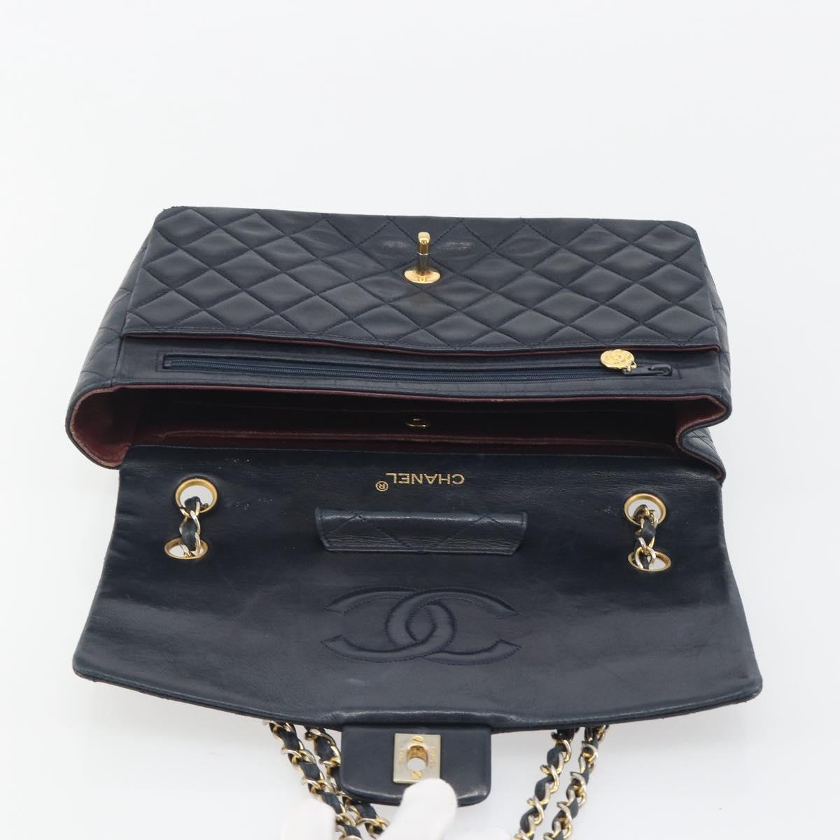 CHANEL Matelasse Chain Shoulder Bag Lamb Skin Navy Gold CC Auth 194776A