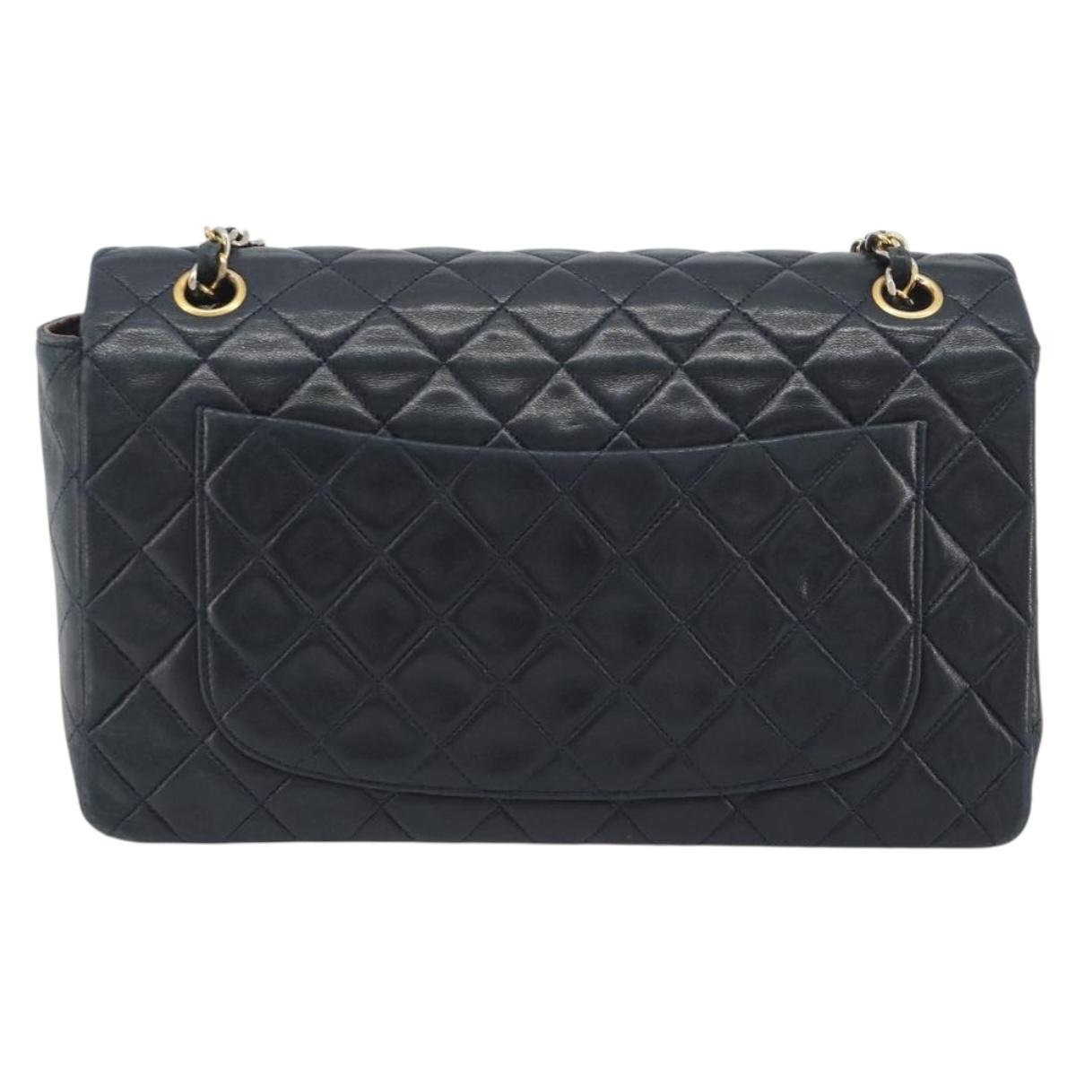 CHANEL Matelasse Chain Shoulder Bag Lamb Skin Navy Gold CC Auth 194776A