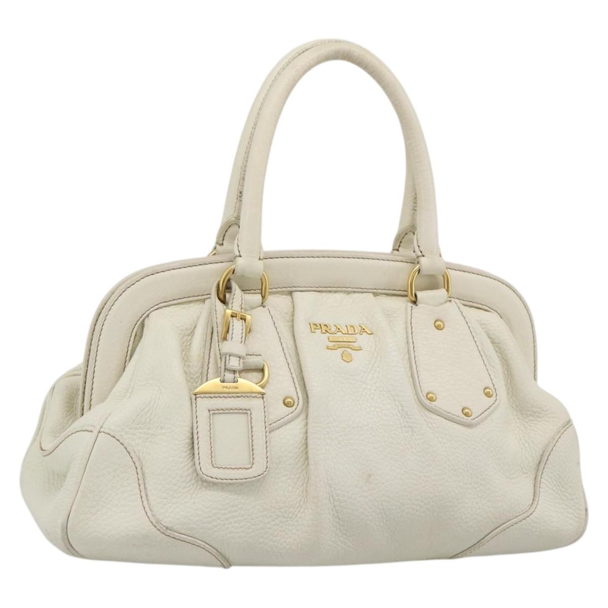 PRADA Hand Bag Vittero Dino Leather White Gold Auth 194777V