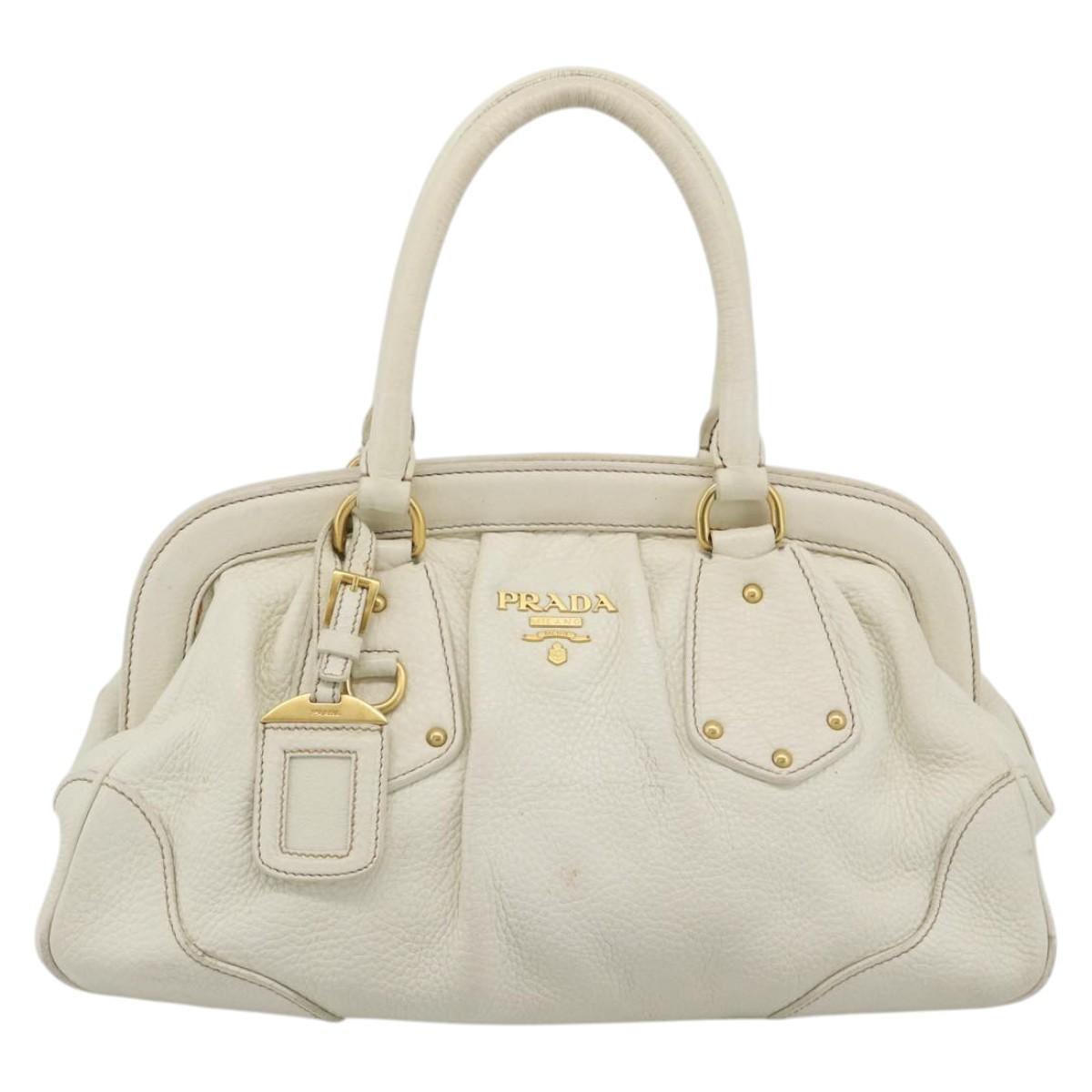 PRADA Hand Bag Vittero Dino Leather White Gold Auth 194777V