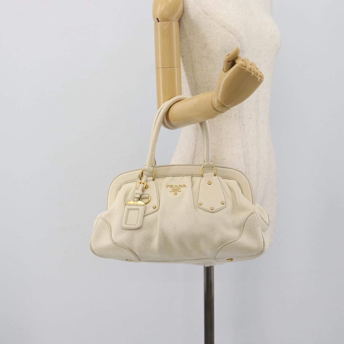 PRADA Hand Bag Vittero Dino Leather White Gold Auth 194777V