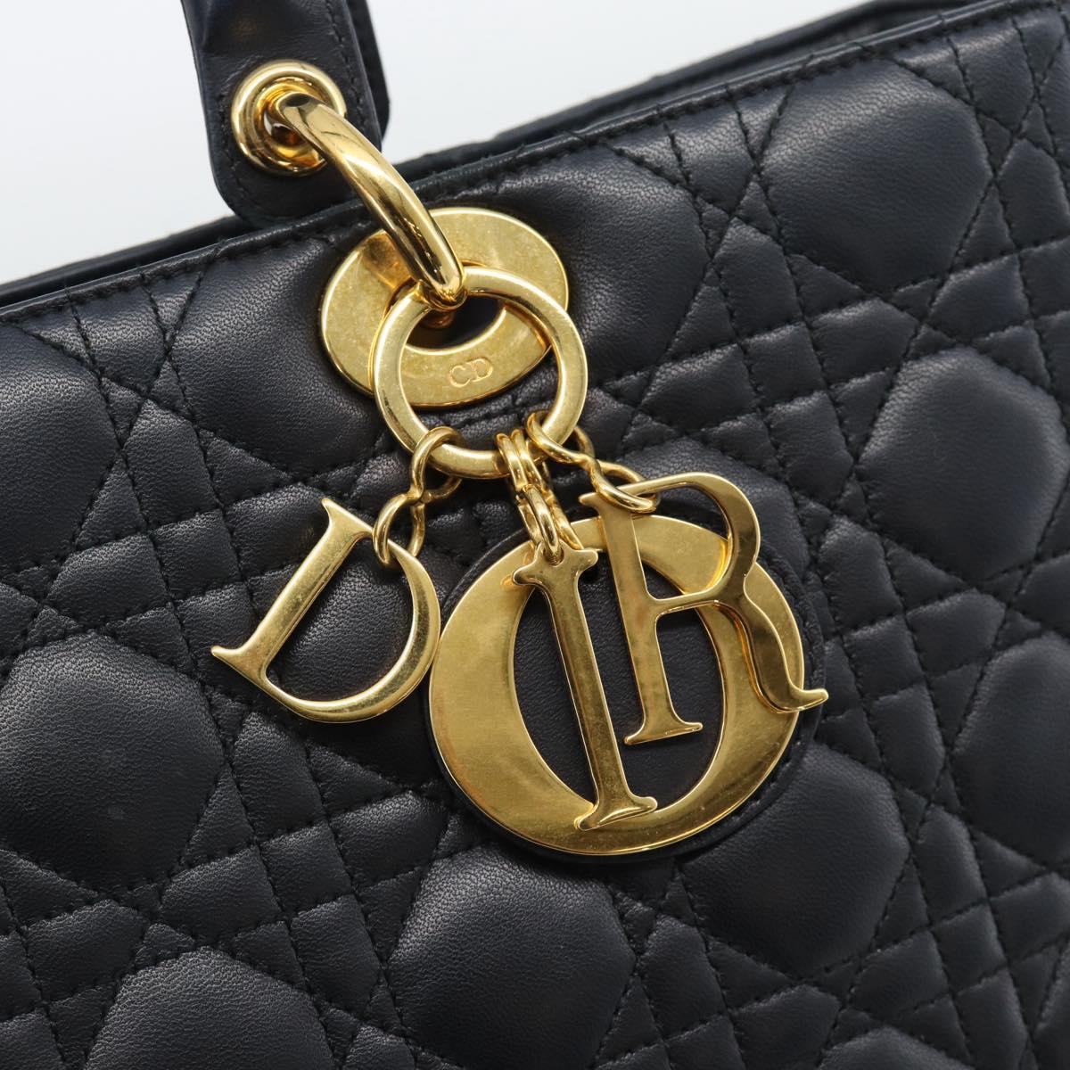 Christian Dior Lady Dior Canage Hand Bag Lamb Skin Black Gold Auth 194778V