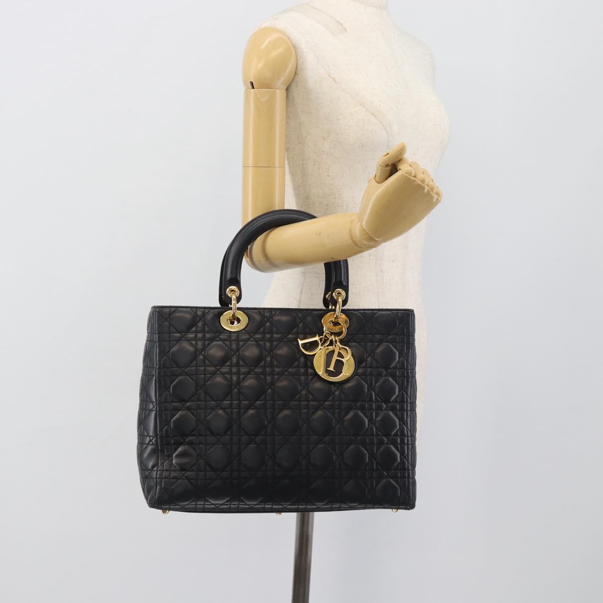 Christian Dior Lady Dior Canage Hand Bag Lamb Skin Black Gold Auth 194778V